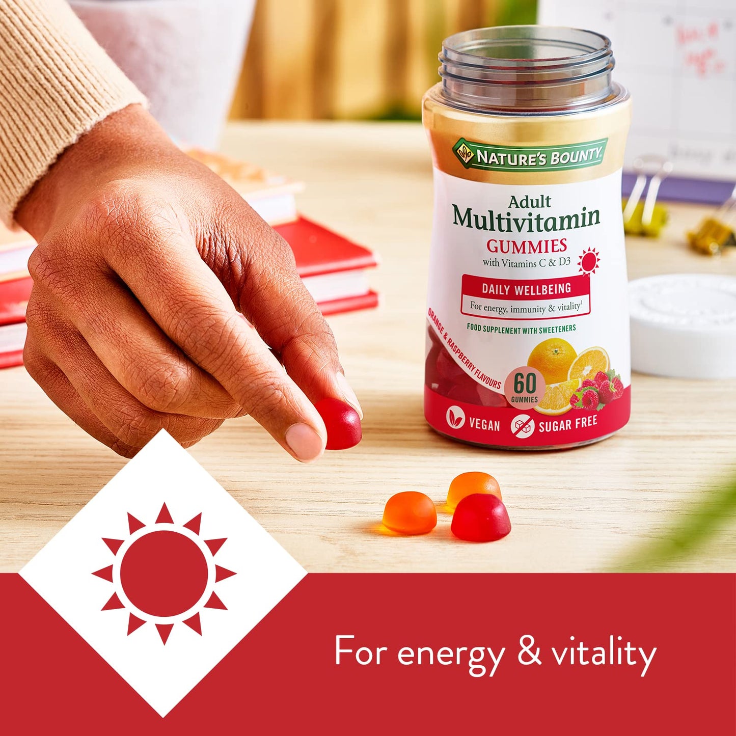 Nature's Bounty Adult Multivitamin Gummies - Pack of 60 Gummies, Two-a-day - With Vitamin B6, B12, D3, C and Biotin - For everyday wellbeing - Immune Support and Bone Health - Suitable for Vegans