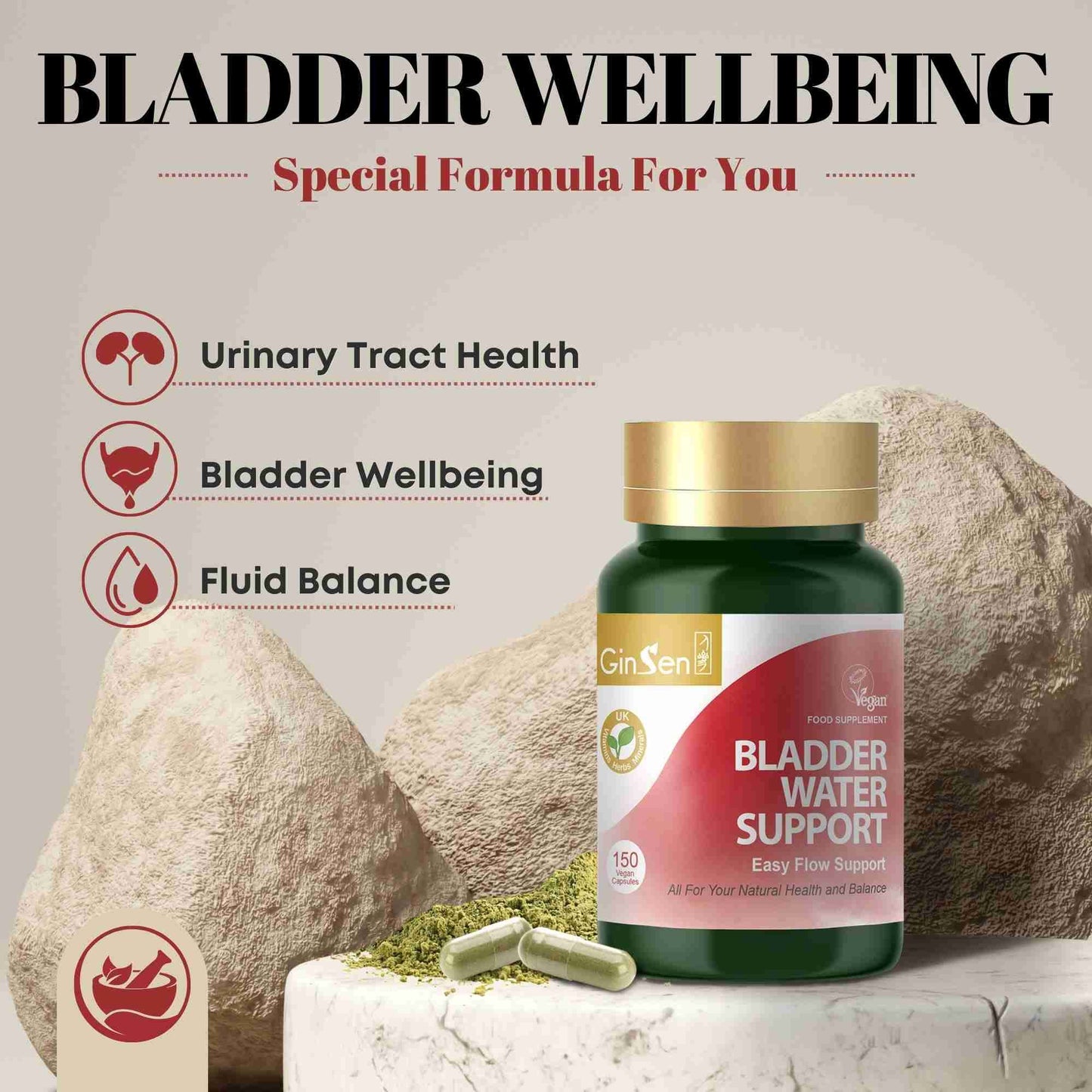 GinSen Bladder Water Support 150 Capsules | Helps Bladder Health, Frequent Urination, Natural Bladder Control | Herbal Extract&Vitamins UK Made