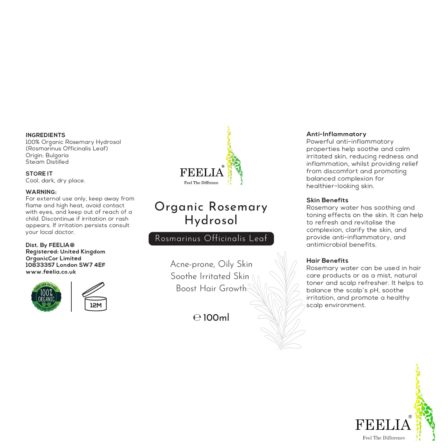 Feelia - Organic Rosemary Hydrosol Water, Steam Distilled, Pure & Natural Toner, Acne-Prone Oily Skin, Soothe Irritated Skin, Boost Hair Growth (Rosemary)