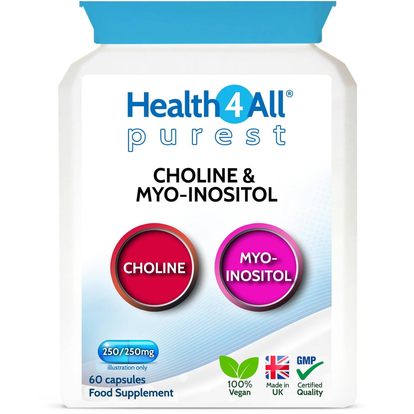 Choline & Inositol 500mg 60 Capsules, 250mg Myo Inositol Vegan Supplement for Brain Health, Mood, Memory, Liver Function & Metabolism - Made in UK by Health4All