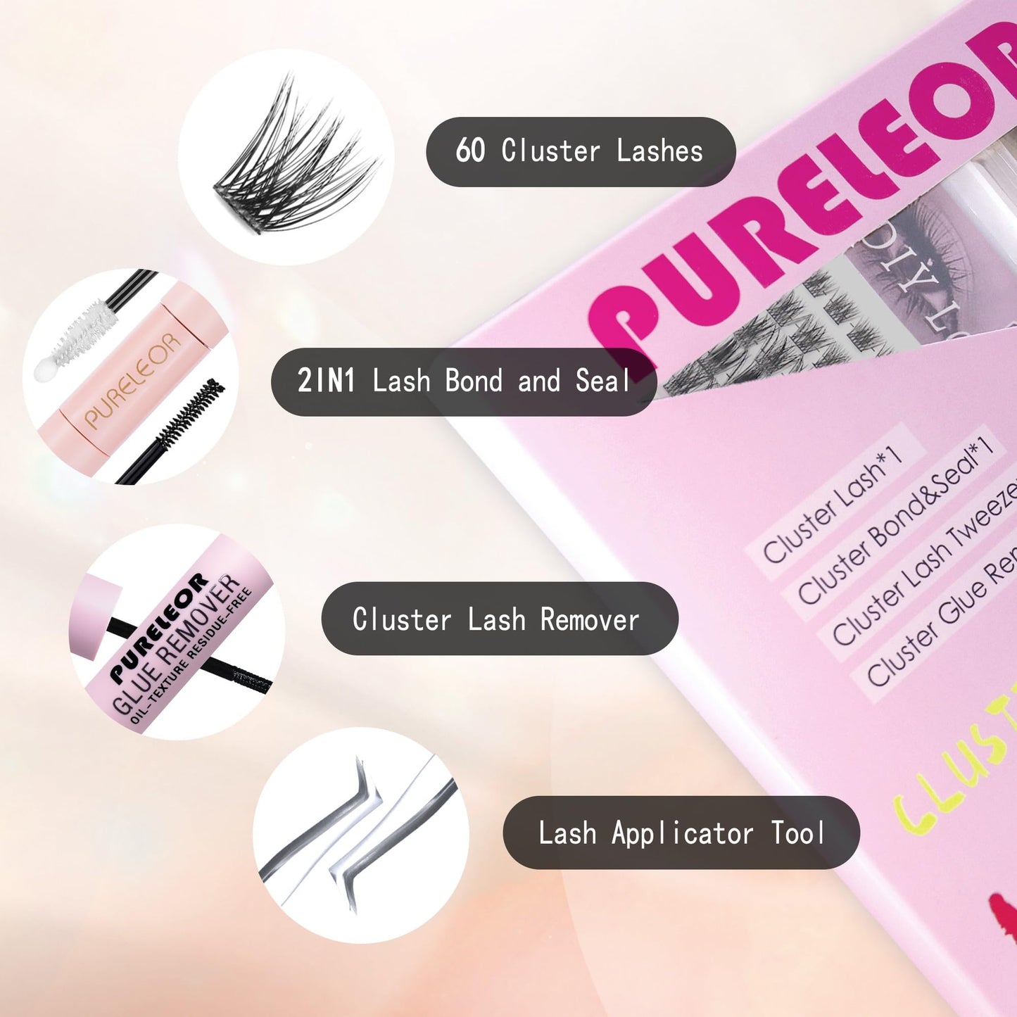 PURELEOR Cluster Lashes DIY Eyelash Extensions Kit with Bond and Seal Lash Applicators Individual Lashes Remover Kit Wispy Fluffy (60pcs 8-16MM)