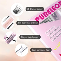 PURELEOR Cluster Lashes DIY Eyelash Extensions Kit with Bond and Seal Lash Applicators Individual Lashes Remover Kit Wispy Fluffy (60pcs 8-16MM)