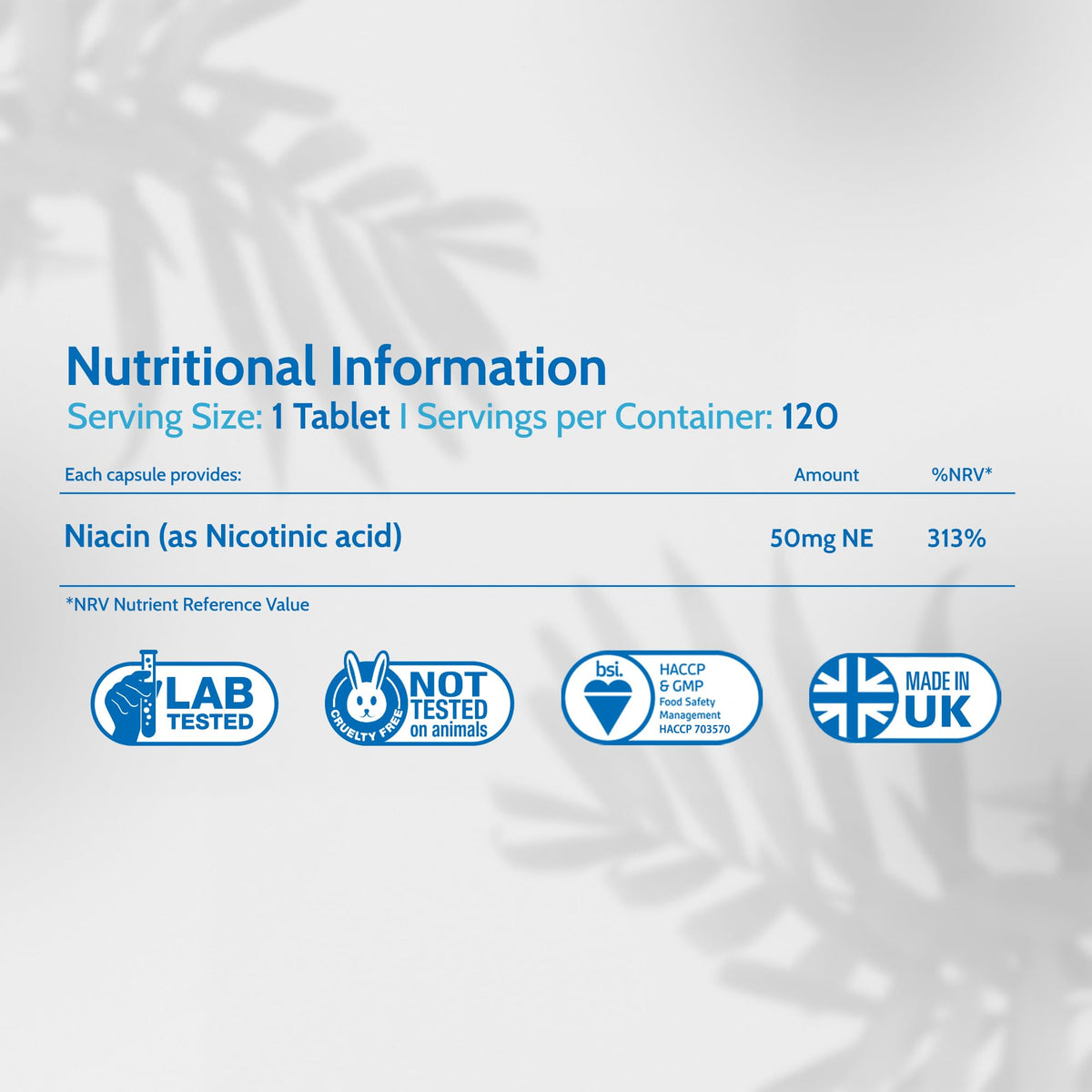 Health4All Vitamin B3 Niacin as Nicotinic Acid 50mg, 120 Tablets, Flush Effect