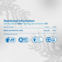 Health4All Vitamin B3 Niacin as Nicotinic Acid 50mg, 120 Tablets, Flush Effect