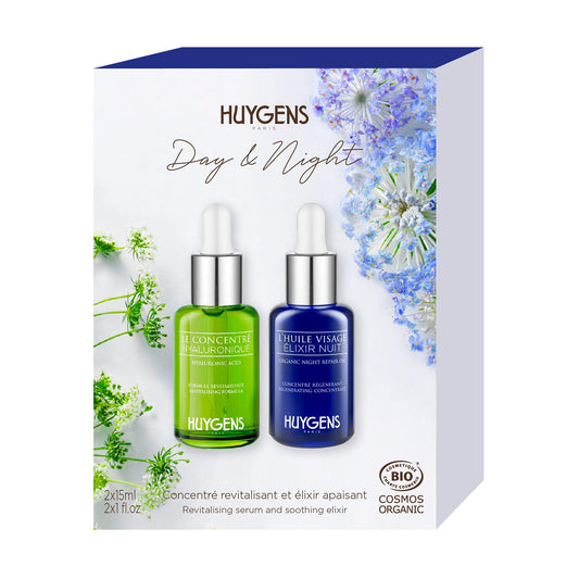 HUYGENS - Night & Day Duo - 2 Organic Serums - 2x15mL - Hyaluronic Acid Concentrate & Elixir Night Concentrate - 100% natural - Vegan - Made in France