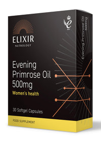 ELIXIR NUTROLOGY Evening Primrose Oil 500mg 30 Softgel Capsules – Supports Women’s Health, Rich in Gamma-Linolenic Acid (GLA), with Vitamin E for Skin Health & Antioxidant Protection.