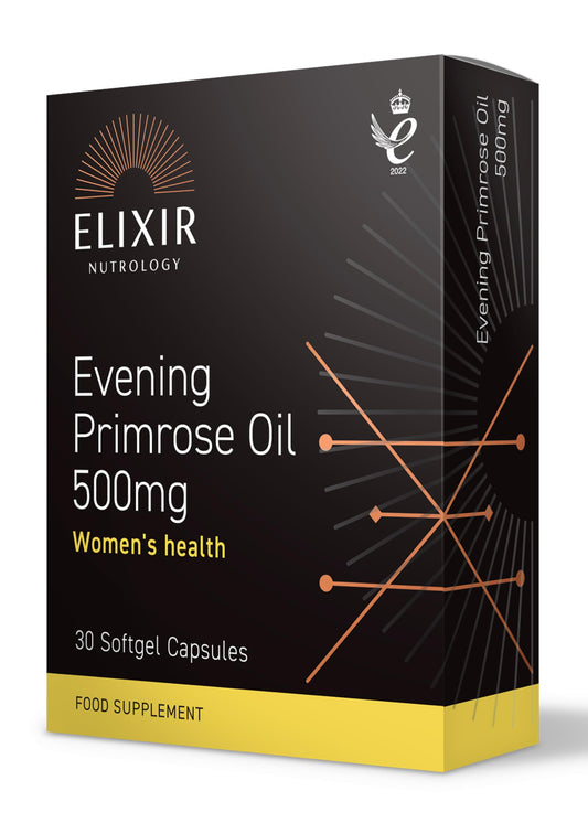 ELIXIR NUTROLOGY Evening Primrose Oil 500mg 30 Softgel Capsules – Supports Women’s Health, Rich in Gamma-Linolenic Acid (GLA), with Vitamin E for Skin Health & Antioxidant Protection.