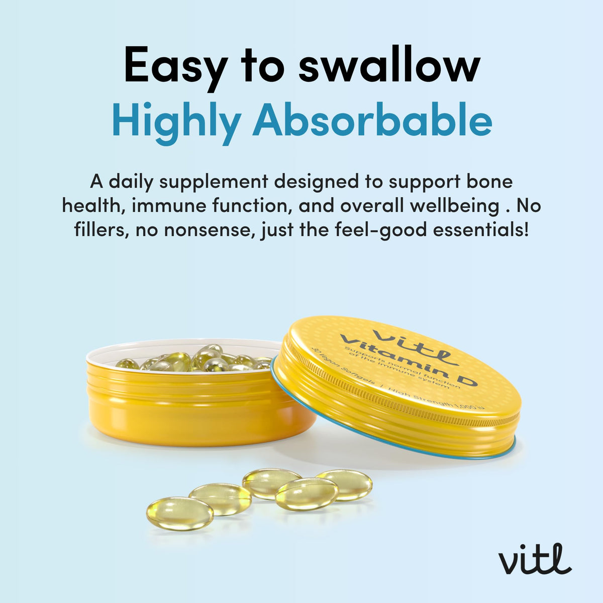 VITL Vitl Vitamin D3 | Supports the Immune System, Bones & Joints, Teeth, Muscles & Heart | High-Strength 1000 IU Formula | Easy-to-Swallow Softgels | Vegan Friendly | Pocket Tin (30)