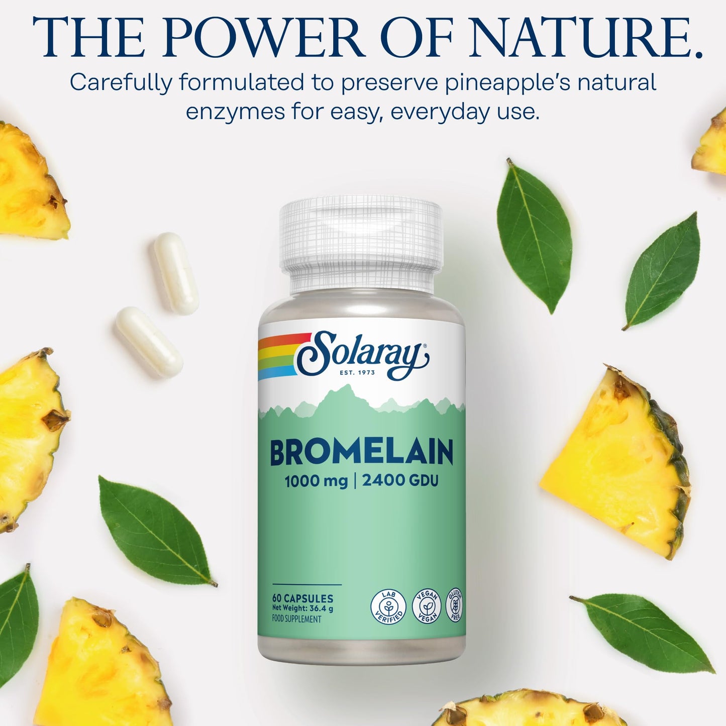 SOLARAY Bromelain Supplement 1000mg 2500 GDU/g - 60 High Strength Vegan Capsules - Enzyme Nutritional Supplements - Naturally Derived Enzyme from Pineapple - Non GMO & Lab Verified - Solaray