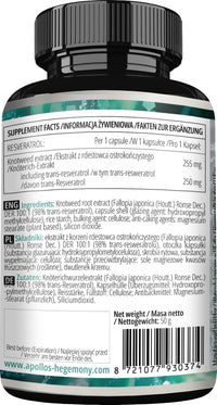 Resveratrol High Dose 400 mg - 60 Vegan Capsules - 2 Months Supply - 98% Trans-Resveratrol from Japanese Knotweed Extract - Natural Antioxidant - by Apollo's Hegemony