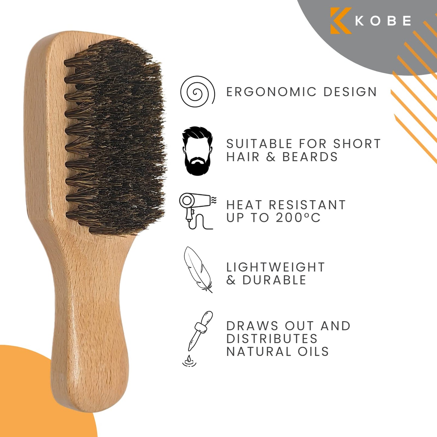 Kobe Professional Men's Light Wood Club Brush - Men’s Boar Bristle Hair Brush/Beard Brush - Wooden Bristle Brush for Men & Women