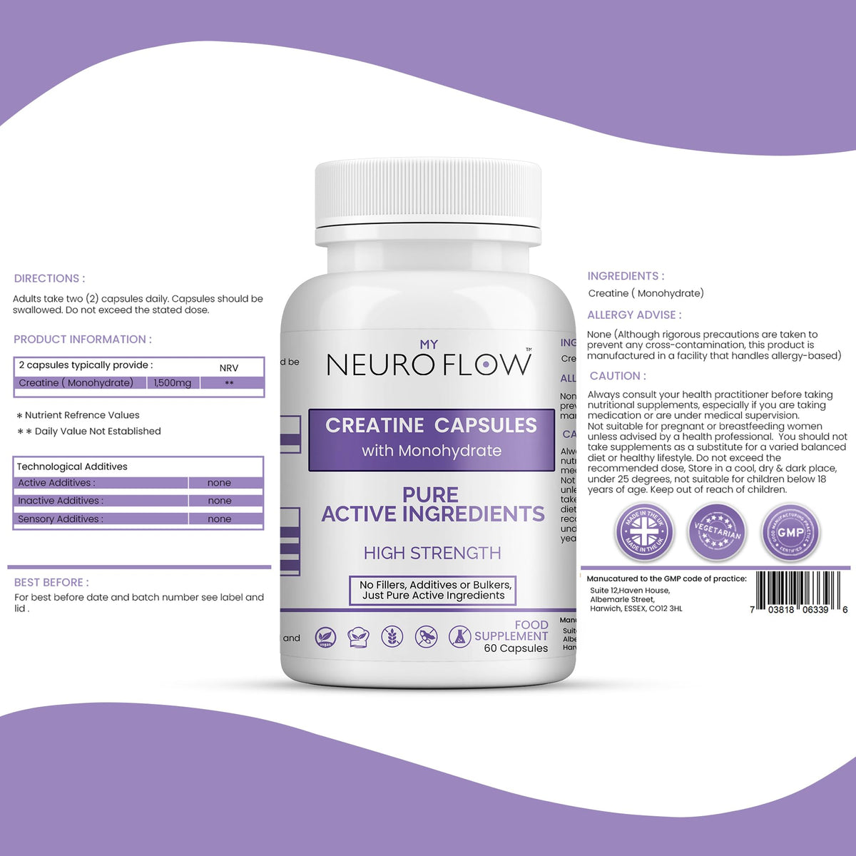 Neuro Flow creatine monohydrate Capsules | creatine Capsules for Strength and Performance Support | Pure creatine | Vegan creatine | 60 Capsules Made in UK