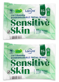 Lacura 3 In 1 Biodegradable Cleansing Facial Wipes For Sensitive Skin, Makeup Removal Wipes with Pro-Vitamin B5, 2 Packs (50 wipes in total)
