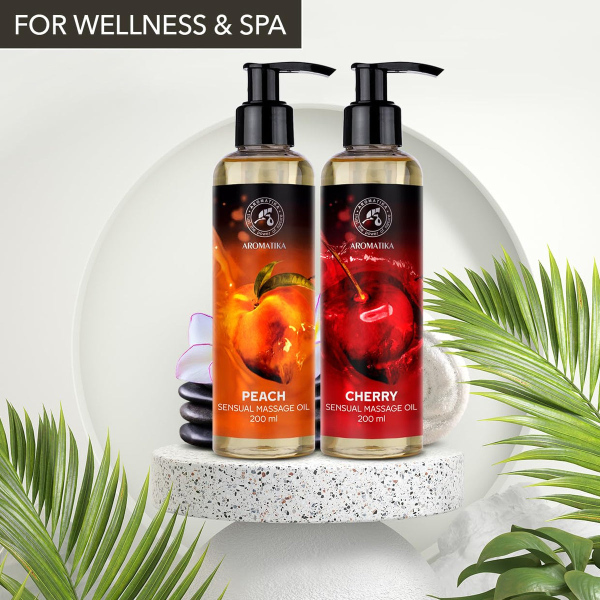 AROMATIKA trust the power of nature Sensual Massage Oil Set 2x200ml - Peach and Cherry - Edible & Kissable Massage Oil - Blend of Almond & Grapeseed & Macadamia Oils - Body Oil for Him & Her - for Couples - Relaxing Massage Oil