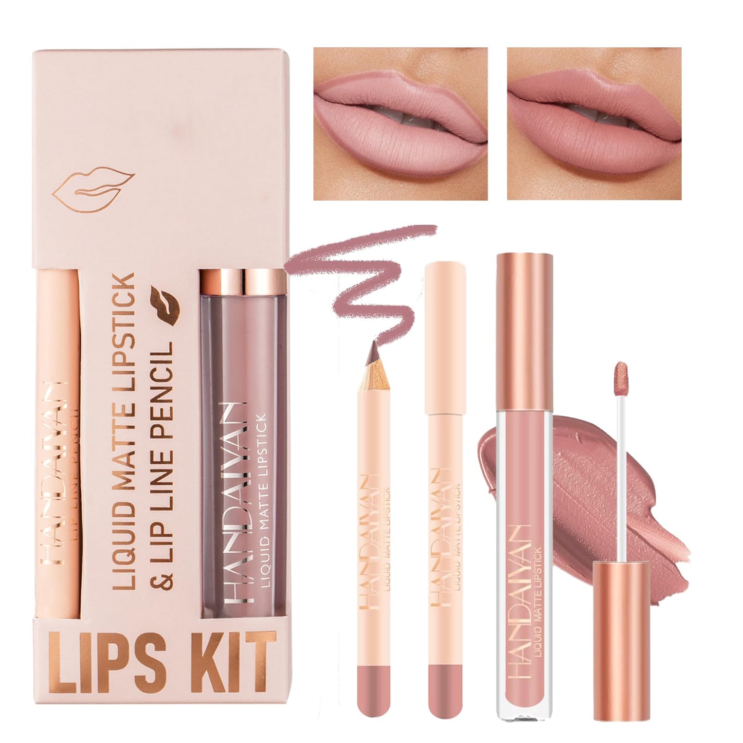 QUIWEN Lip Liner and Lipstick Set,Matte Liquid Lipgloss Highly Pigmented Waterproof Lipstick, Up to 12 Hour Wear, Non-Stick Cup Lip Gloss & Lip Line Pencil Set For Women
