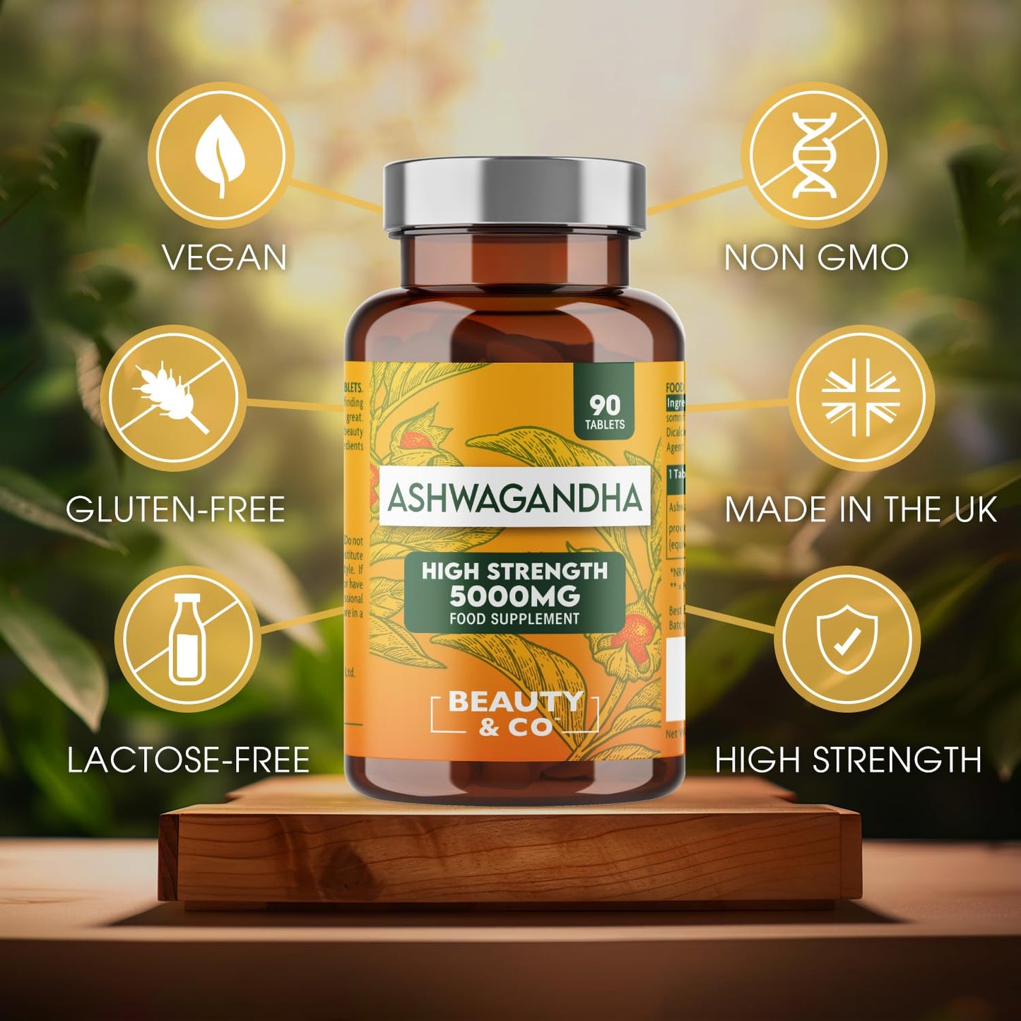 Beauty & Co Ashwagandha 5000mg Tablets and Lions Mane 2000mg, High Strength, Vegan, Made in UK. (90+90)