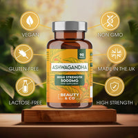 Beauty & Co Ashwagandha 5000mg Tablets and Lions Mane 2000mg, High Strength, Vegan, Made in UK. (90+90)