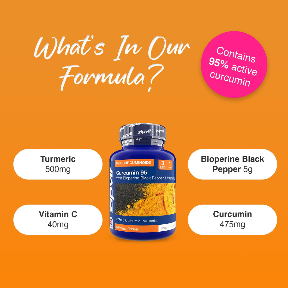 Zipvit Curcumin Tablets, 95% Active Curcuminoids with Black Pepper & Vitamin C, 90 Vegan Tablets, 3 Months Supply, Turmeric Supplement