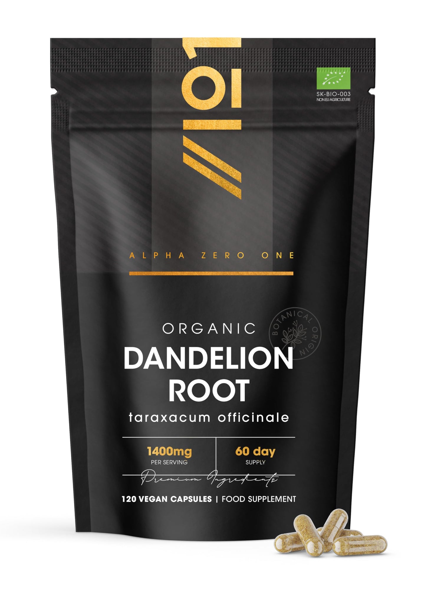 ALPHA01 Organic Dandelion Root 1400mg – 120 Vegan Capsules – High Strength Taraxacum Officinale (2 Months Supply) – Resealable and Recyclable Pouch by Alpha01