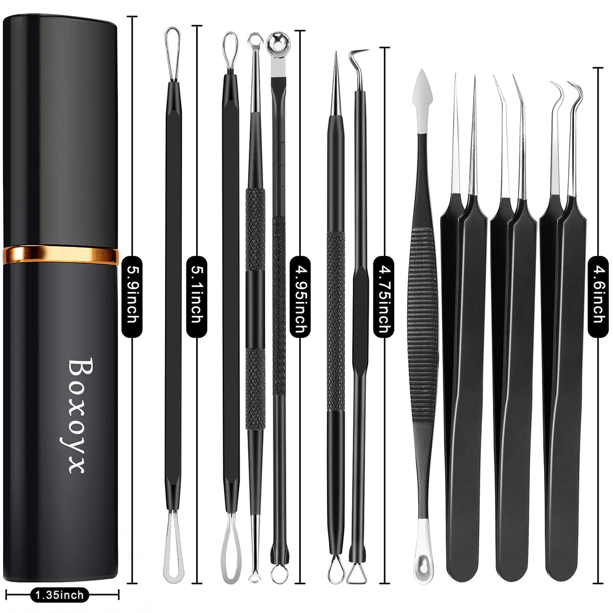 Boxoyx Pimple Popper Tool Kit - 10Pcs Blackhead Remover Comedone Extractor Tool Kit with Metal Case for Quick and Easy Removal of Pimples, Blackheads, Zit Removing, Forehead, Facial and Nose(Black)