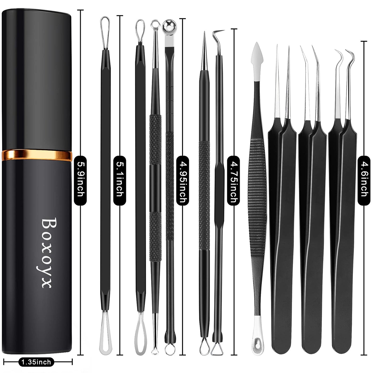 Boxoyx Pimple Popper Tool Kit - 10Pcs Blackhead Remover Comedone Extractor Tool Kit with Metal Case for Quick and Easy Removal of Pimples, Blackheads, Zit Removing, Forehead, Facial and Nose(Black)