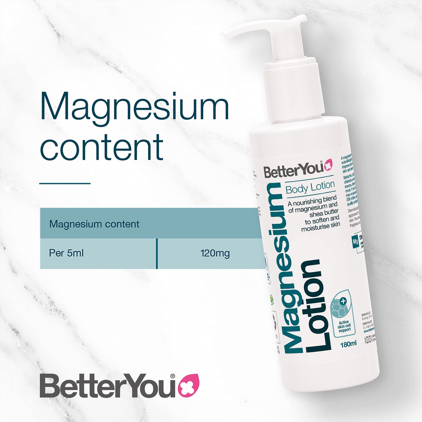 BetterYou Magnesium Body Lotion, Nourishing Blend of Natural Zechstein Transdermal Magnesium and Shea Butter to Soften and Moisturise Skin, Palm-Oil Free, 180ml