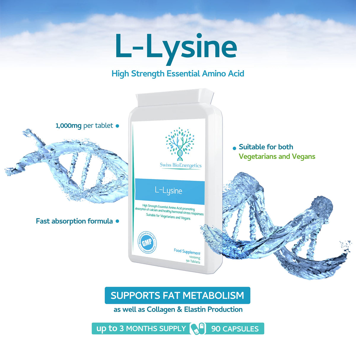 swiss bioenergetics L-Lysine Tablets 1,000mg 90 Tablets - High Strength Essential Amino Acid Promoting Absorption of Calcium and Healthy Hormonal Stress Responses