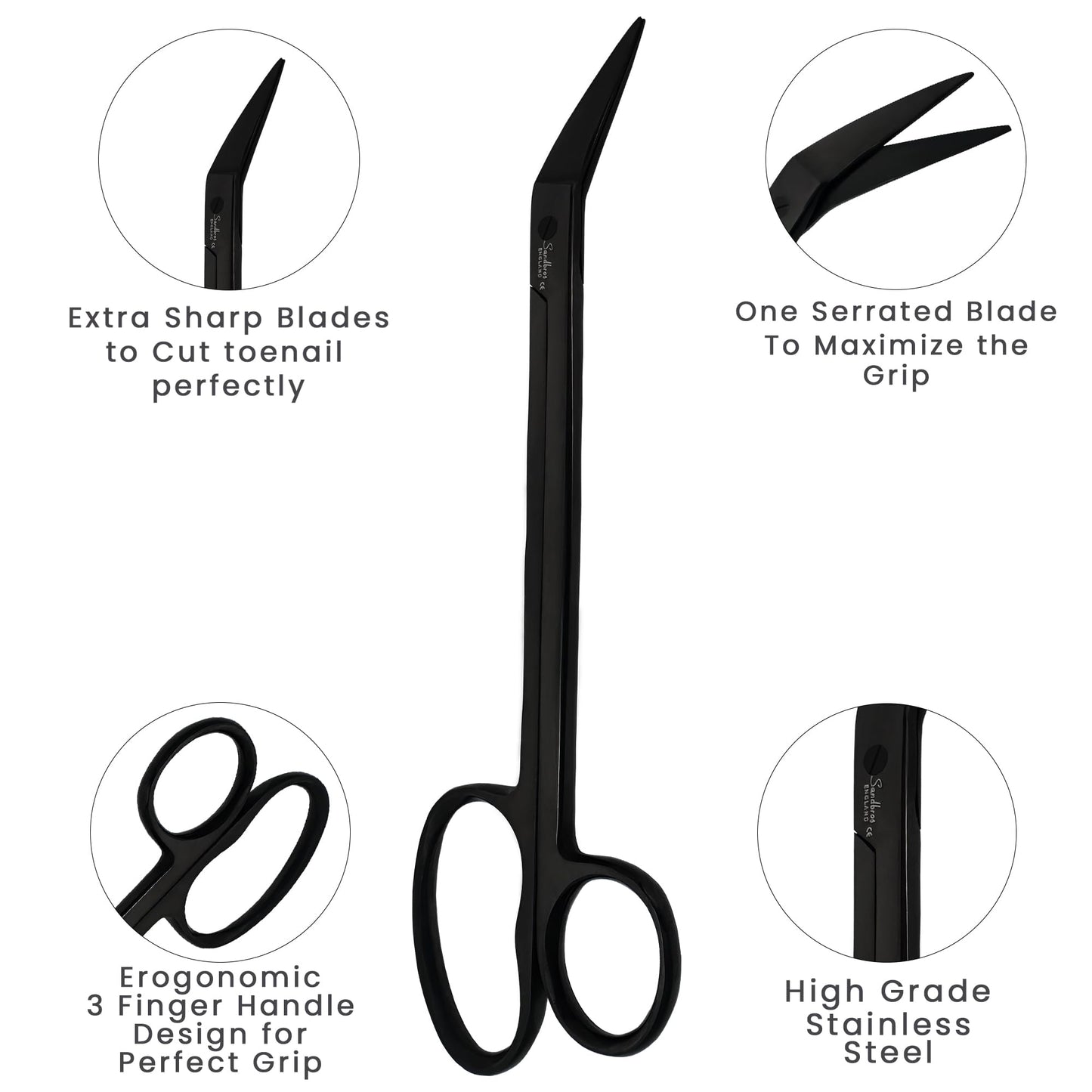 Sandbros Toenail Scissors Extra Long, 19 cm, Stainless Steel with Micro Teeth (Black..)