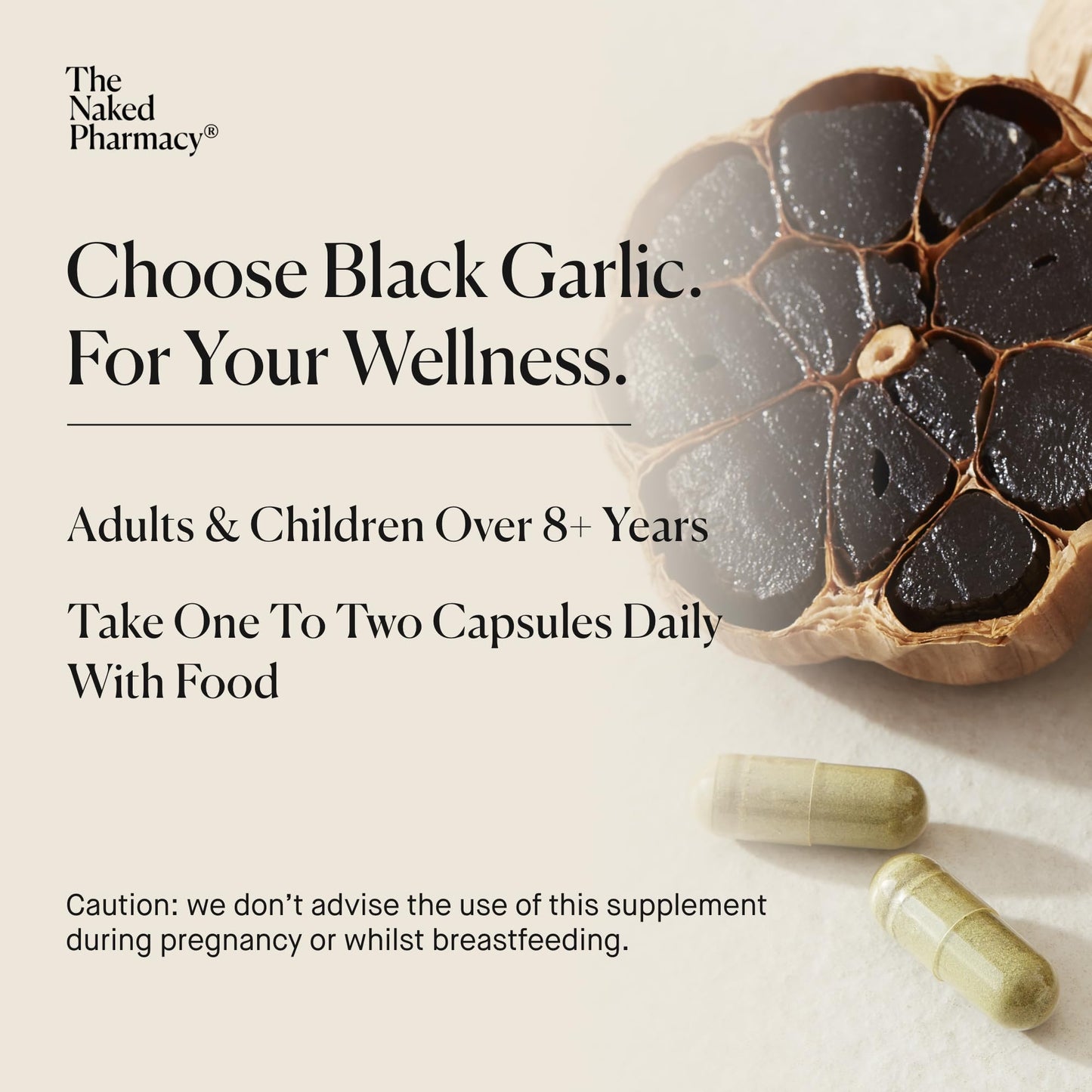 The Naked Pharmacy | Black Garlic Supplements | for Gut, Cardiovascular & Immune System | Healthy Circulation & Blood Pressure | with Vitamin D & Moringa | Odourless | 60 Capsules