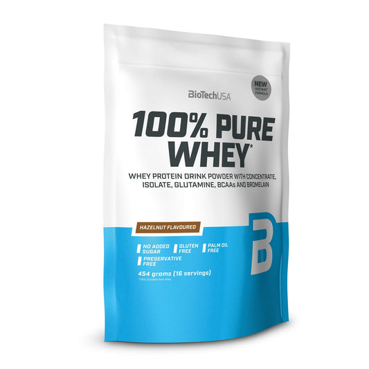 BioTechUSA 100% Pure Whey Molkenprotein-Komplex mit Bromelain-Enzymen, Aminosäuren, ohne Zuckerzusatz, palmölfrei, 454g, Haselnuss