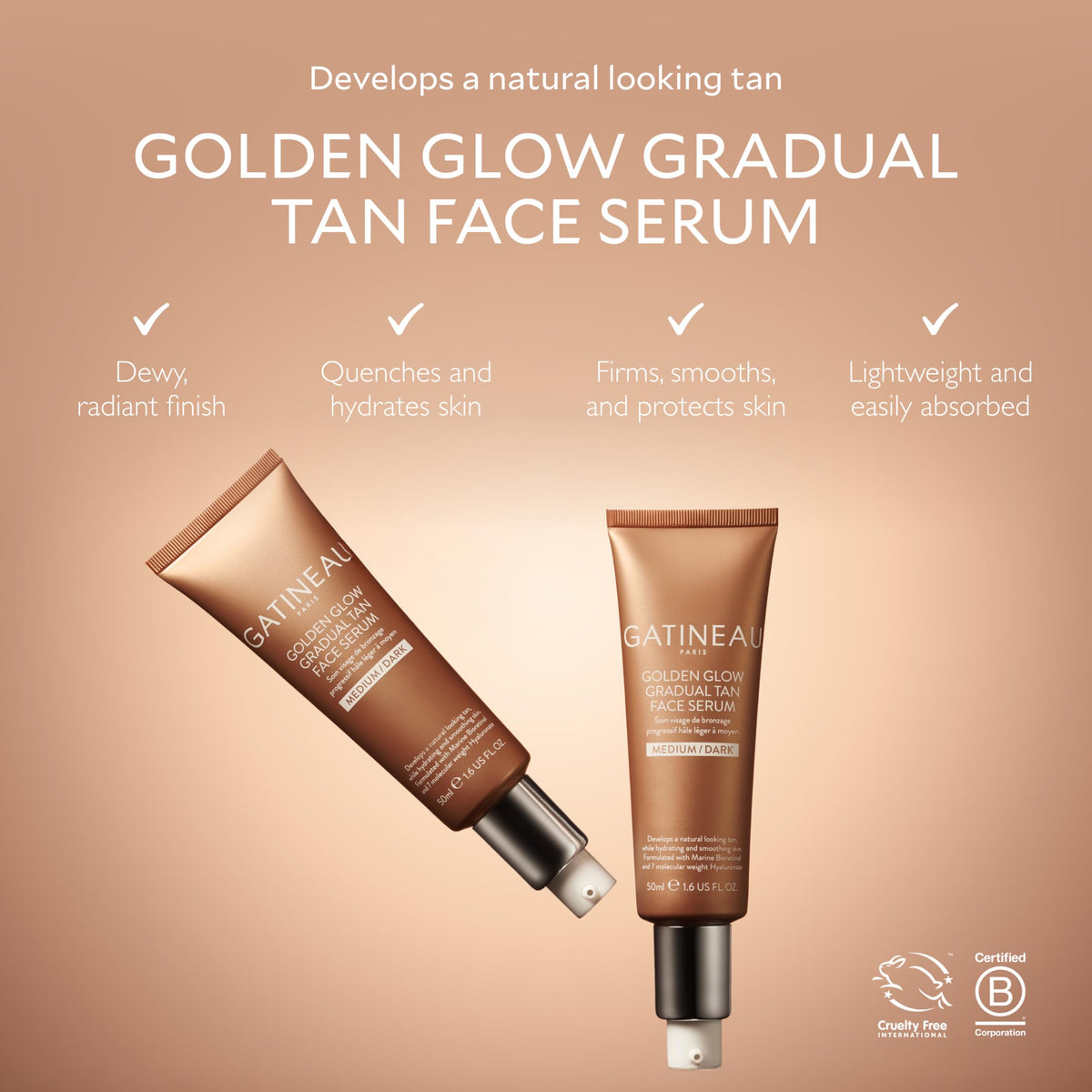 Gatineau GATINEAU Golden Glow Gradual Tan Face Serum - 50ml, Hyaluronic Acid & Marine Bio-Retinol, Smooths Complexion, Natural and Radiant Glow, Suitable for Sensitive Skin, Light/Medium
