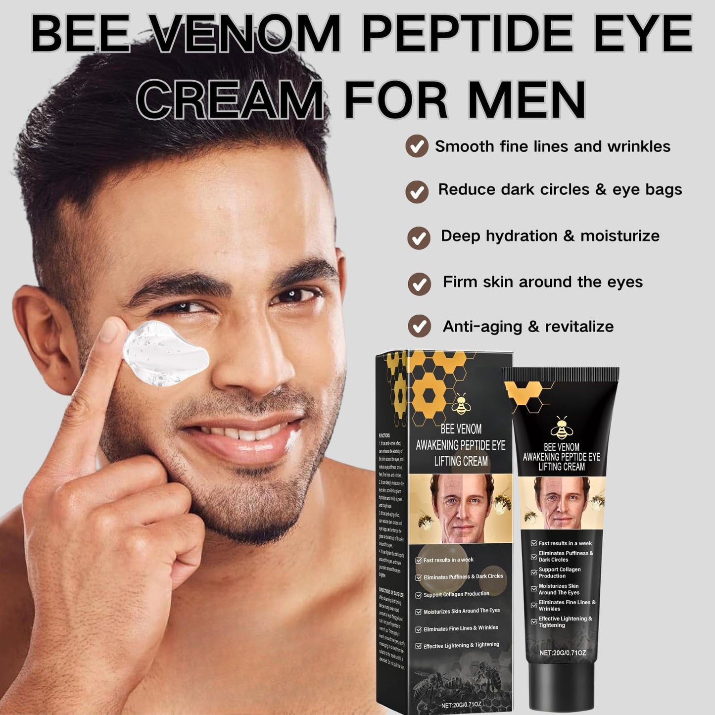 TBeautfave Mens Bee Venom Peptide Eye Cream, Under Eye Cream for Dark Circles & Puffiness - Eye Bag Remover, Puffy Eye Treatment for Men, Anti Aging E ye Cr eam, Wrinkle Filler, Hydrating, Firming
