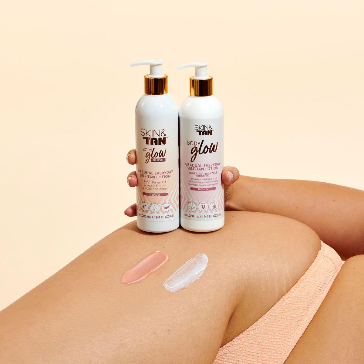 Skinny Tan Body Glow Moisturising Gradual Tan Lotion - Fake Tan Moisturiser, Cruelty-Free, Paraben Free & Vegan Tanning Moisturiser, Body Lotion with Coconut & Vanilla Aroma, 280ml Plus Mitt Bundle.