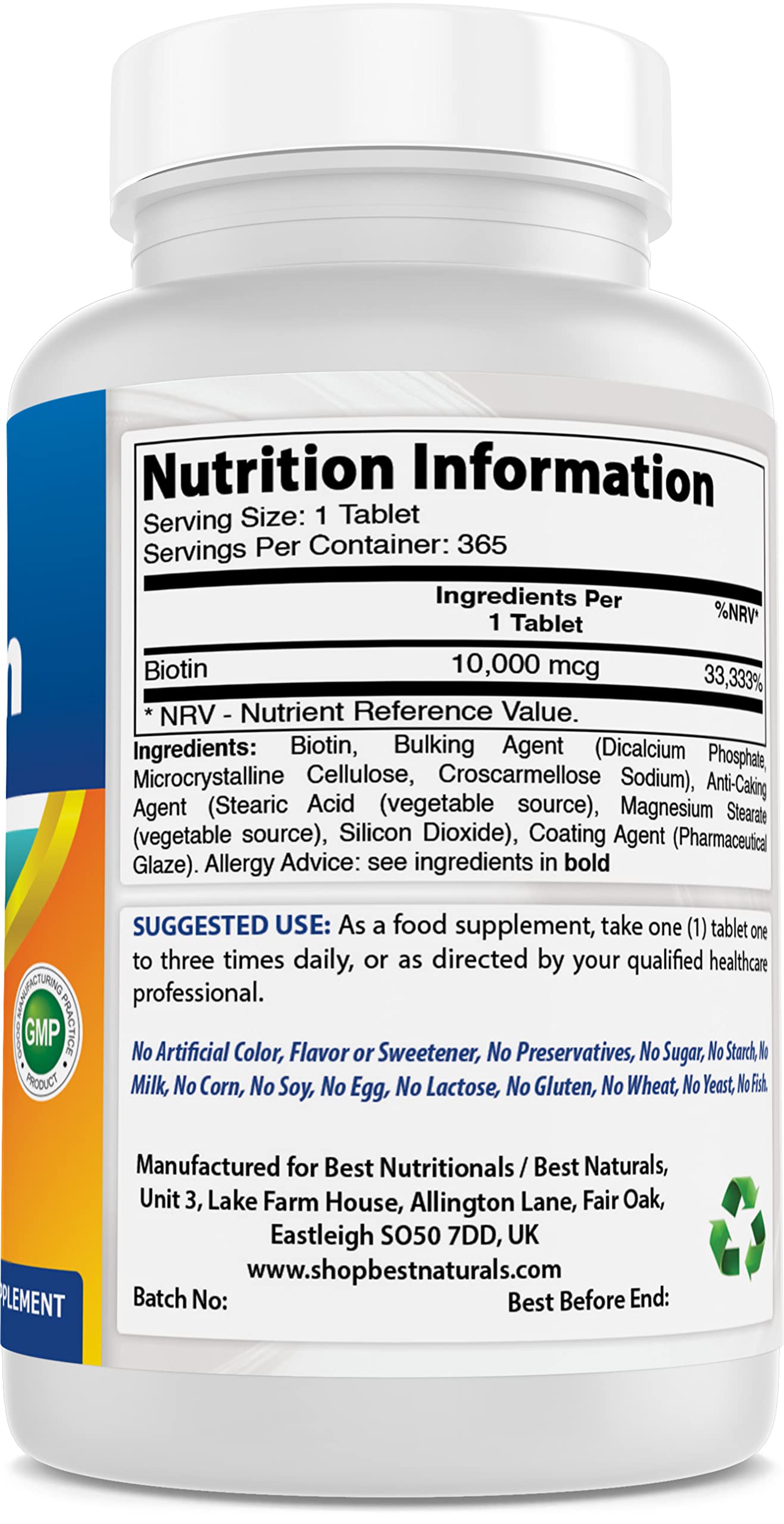 Best Naturals Biotin (Also Called Vitamin B7), 10,000 mcg, 365 Days Supply (1 Year Supply), 365 Tablets (365 Count (Pack of 1))