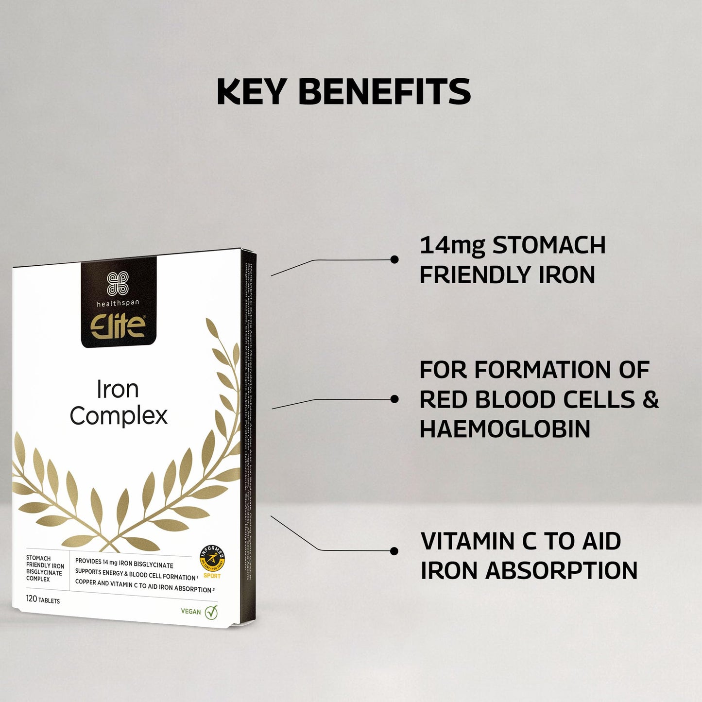 Healthspan Elite Iron Complex 14mg (120 Tablets) | for Healthy Blood, Energy & Immunity | Stomach Friendly Iron | with Vitamin C to Aid Iron Absorption | Informed Sport Accredited | Vegan