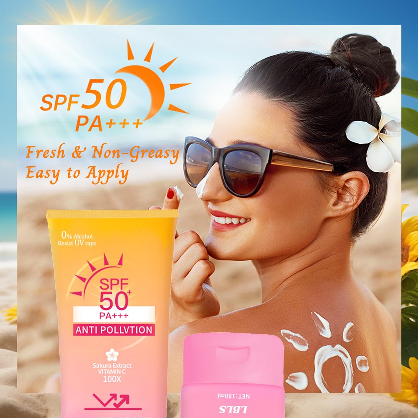 YANZEFEI Soothing Sun Cream SPF 50+++,Sunscreen spf 50,SPF50 Face Moisturizer,Sakura Extract &Vitamin C Sun Cream,Moisture Immediate UVA & UVB Protection,Fast-Absorbing,Face&Body Sunscreen Resist UV Rays,180ml