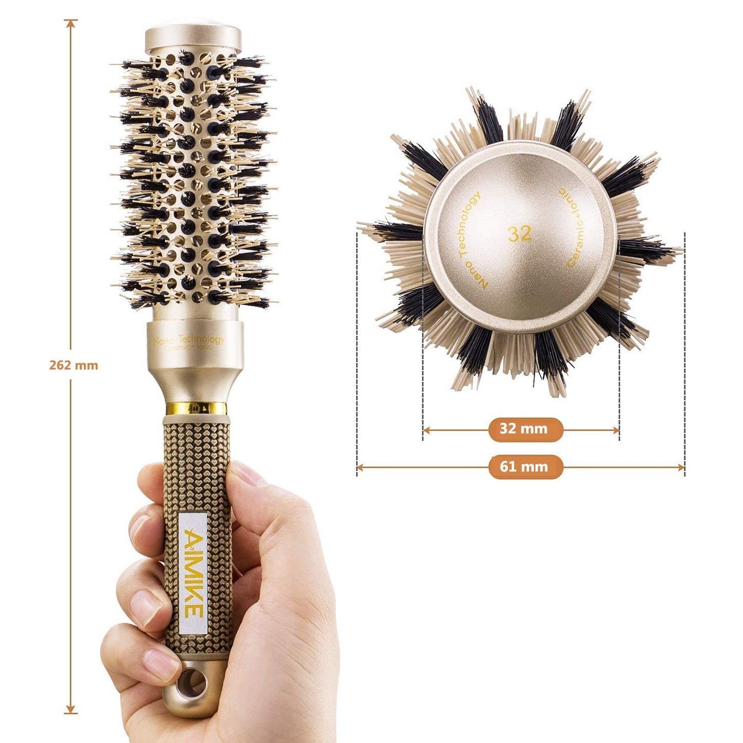 AIMIKE Round Brush, Nano Thermal Ceramic & Ionic Tech Hair Brush, Small Round Barrel Brush with Boar Bristles for Blow Drying, Styling, Curling and Shine (2.4 inch, Barrel 1.3 inch) + 4 Free Clips
