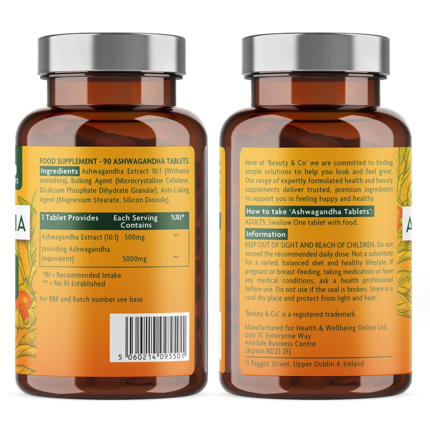 Beauty & Co Ashwagandha 5000mg Tablets and Lions Mane 2000mg, High Strength, Vegan, Made in UK. (90+90)
