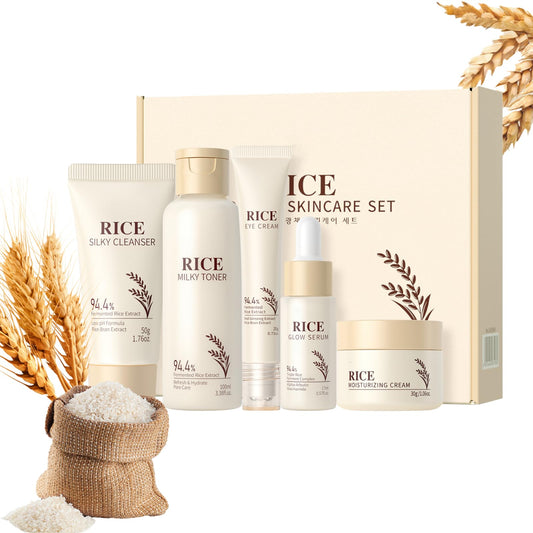 Rice Skincare Set 5PCS,Birthday Gifts for Women,Firming & Moisturizing Skin,Improved Skin Elasticity,Glow Radiance Kits with Toner,Glow Serum,Cleanser,Face & Eye Cream,Teenage Girls Gifts,Mum Gift Set