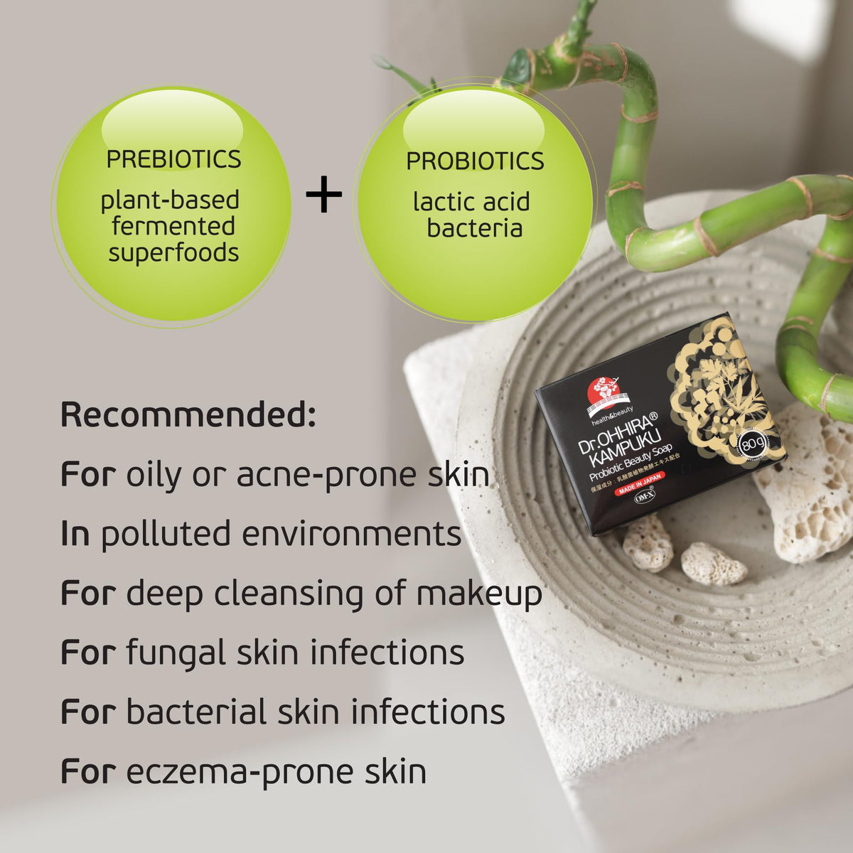 Dr. OHHIRA® Kampuku Probiotic Soap - Natural Soap Bar for Face, Hand & Body Wash - 80g Antibacterial & Antifungal Vegan Skincare with Glycerin, 14 Plant Extracts for All Skin Types