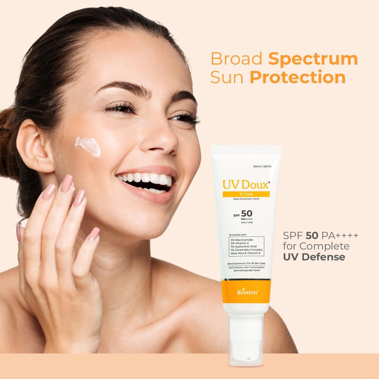 Brinton UV Doux D-Tan Aqua Sunscreen Lotion SPF 50 PA++++ 8-Hour Hydration with Niacinamide and Vitamin C 50 ml