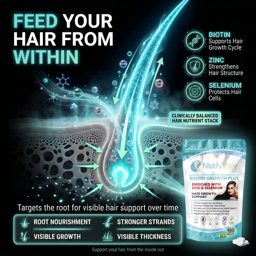 NutriVolv Biotin Hair Growth | Enhanced with Zinc & Selenium | 180 Tablets | 10,000mcg Biotin | Hair Vitamins Complex | Vegan | Hair Skin & Nails Vitamins for Men & Women | UK Made