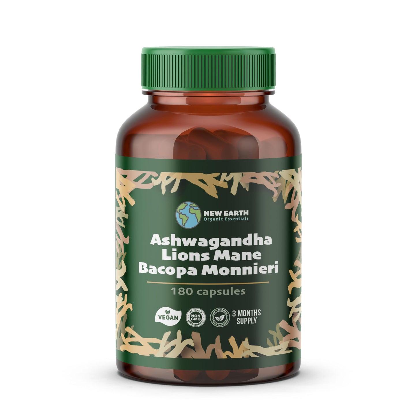 Ashwagandha, Lion's Mane, Bacopa Monnieri Capsules - Supports a Calm and Balanced Mind, Cognitive Function, and Mental Clarity - 180 Capsules - 3 Month Supply - Vegan, Non-GMO, 100% Natural