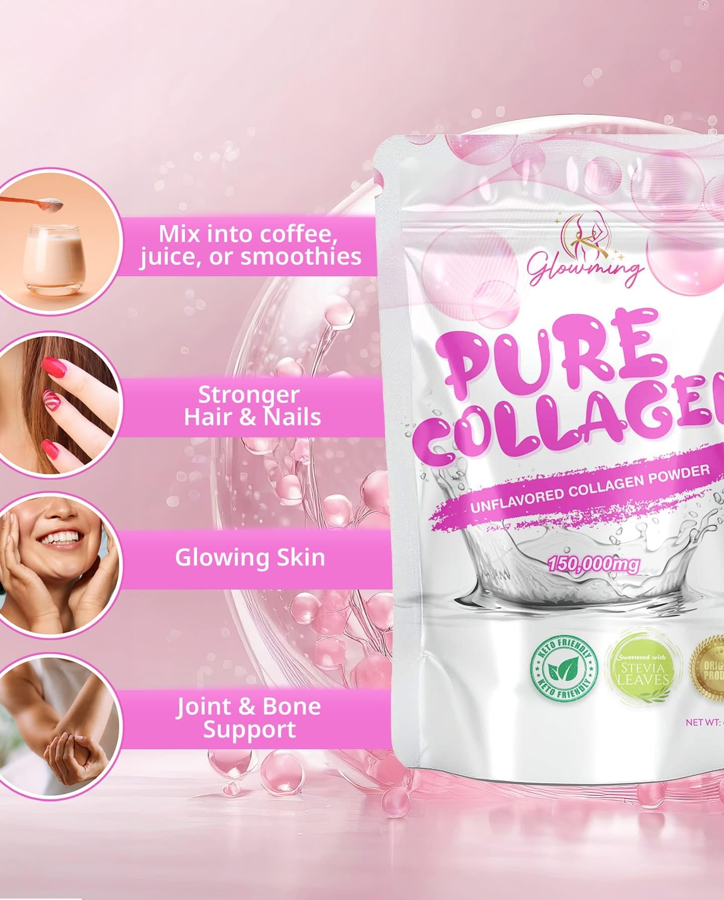Glowming Pure Collagen Powder Unflavoured 150g | 150,000mg Premium Marine Collagen | Supports Healthy Skin, Hair & Joints | Easy Mix, Halal Certified