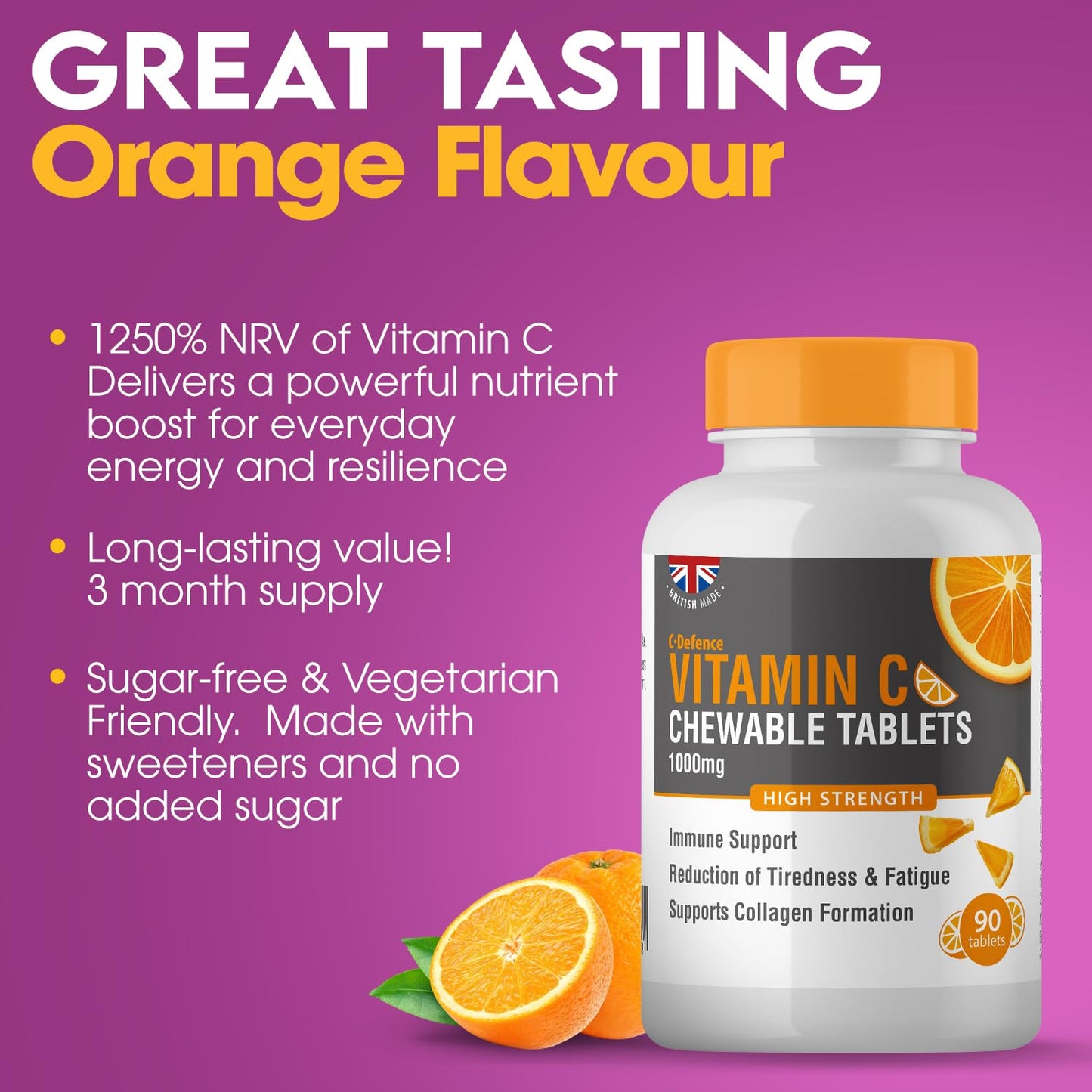 Vitamin C 1000mg Chewable by Club Vits - 90 Tablets - Supports Immune Health and Helps Fight Colds - Helps Reduce Tiredness and Fatigue