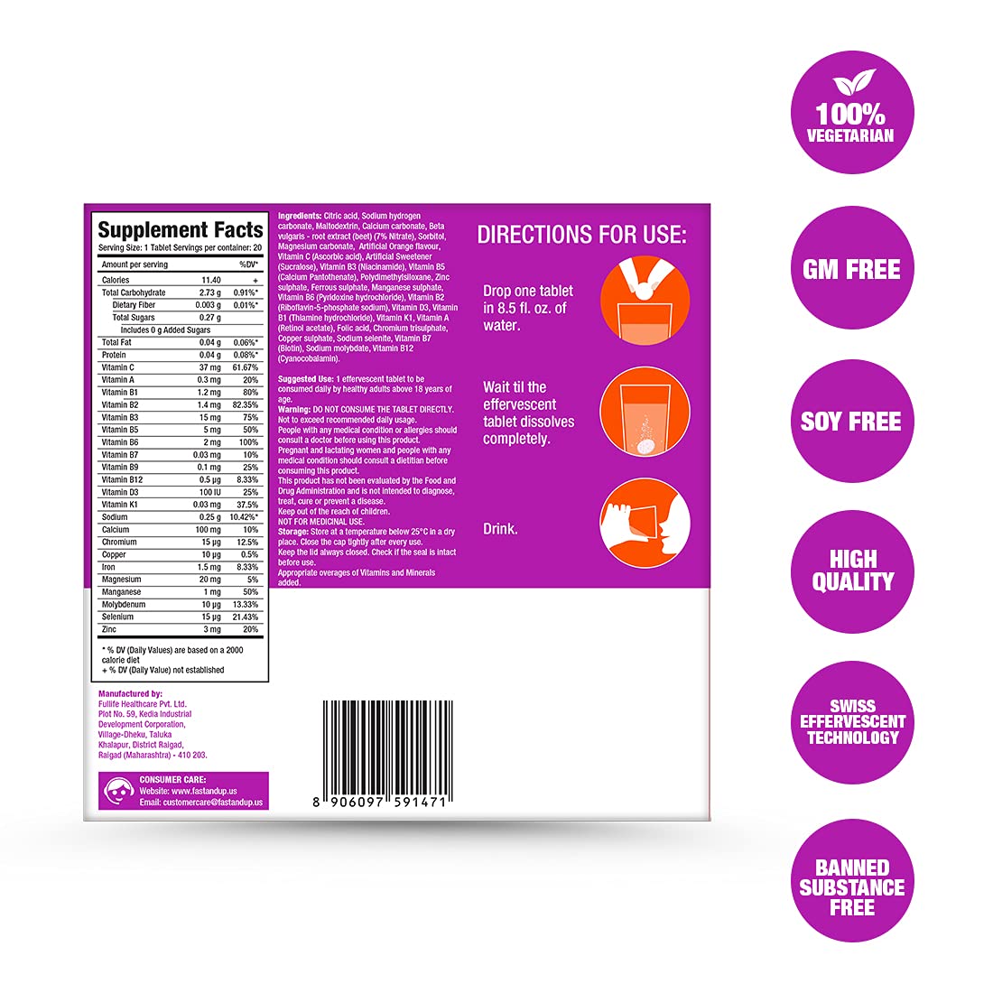 Fast&Up Multivitamin – Complete Multivitamin Supplement – All Day Energy – Saver Multipack - 80 Effervescent Tablets (4 X 20) - Supports Immune System – Orange Flavour