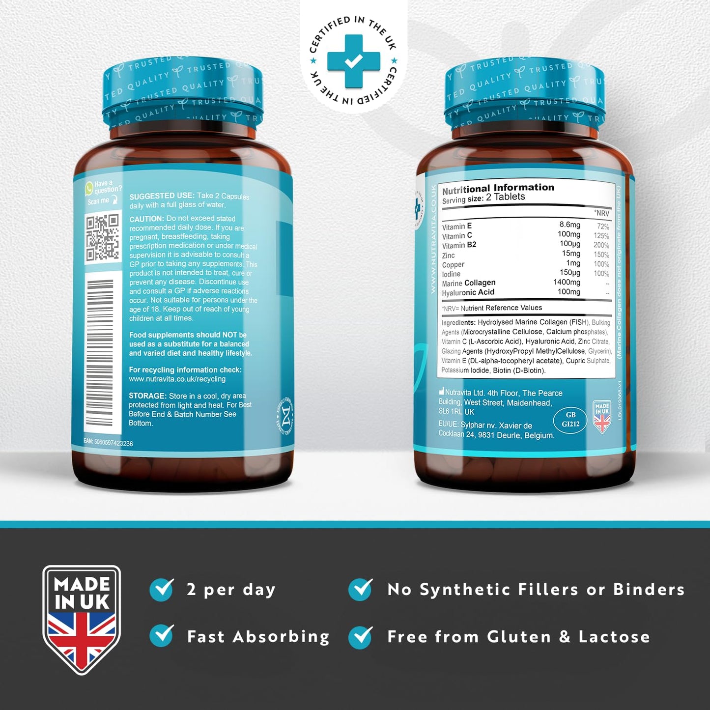Marine Collagen Tablets 1400mg Enhanced with Hyaluronic Acid - Hydrolysed Collagen Supplements for Women and Men - 120 Tablets (2 Month Supply) - with Vitamin C, Vitamin E, Zinc and Vit B2 - Nutravita