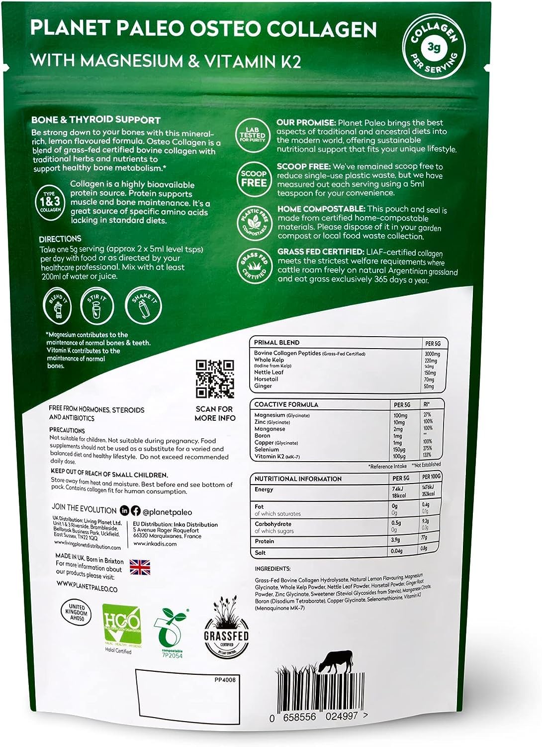 Planet Paleo Osteo Collagen Powder for Bone Health (175g, 35 Servings) Grass-Fed Bovine Collagen Peptides, with Zinc & Vitamin K2, Bone Density & Joint Health, Lemon