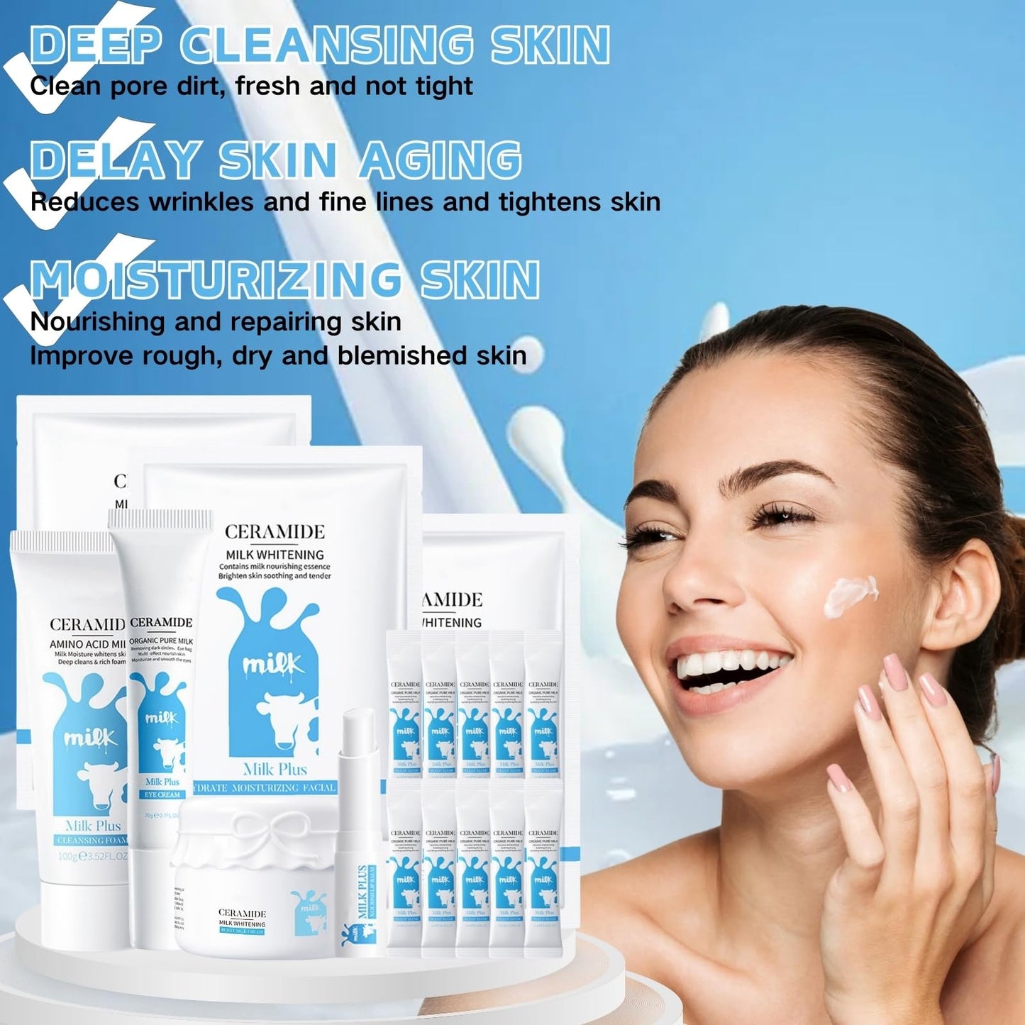 15PCS Milk & Ceramide Skincare Set,Milk Beauty Gift Sets for Teenage Girls with Cleanser,Face Cream,Eye Cream,Face Mask,Sleep Mask Lip Balm, Facial Kits for Women Wife Mom,Skin Care Sets & Kits