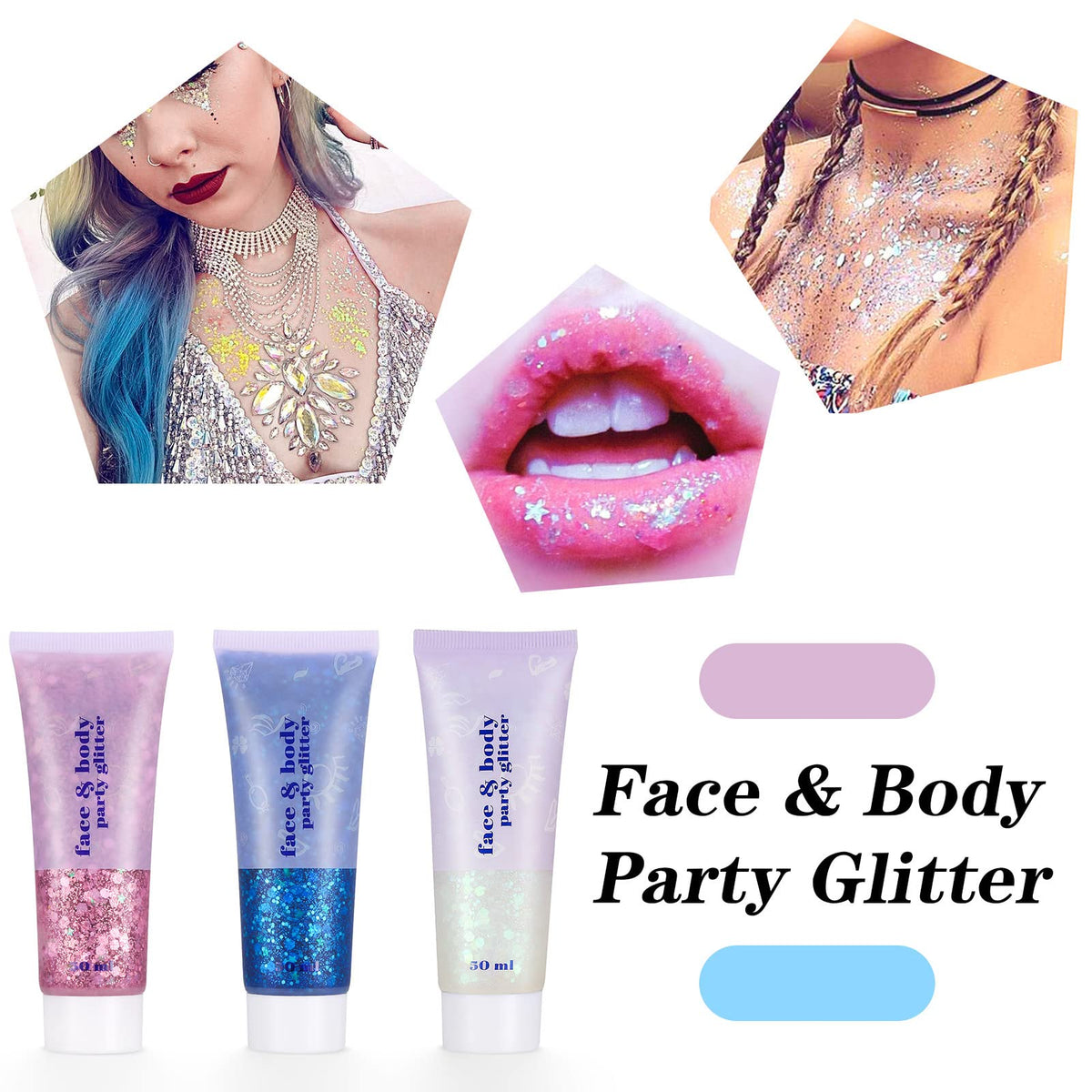 Dacitiery 3Pcs Body Glitter Gel Kit, 50ml Mermaid Sequins Chunky Glitter Liquid Gel for Face, Body, Eye, Hair, Nail DIY Art Festival Party Makeup Decoration